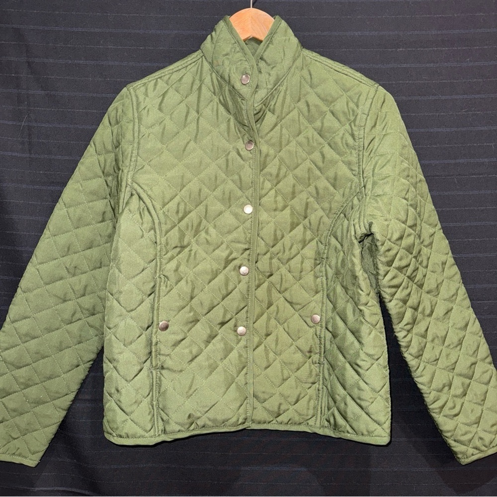 Passports womens green quilted snap button jacket S mock neck lightweight Spring